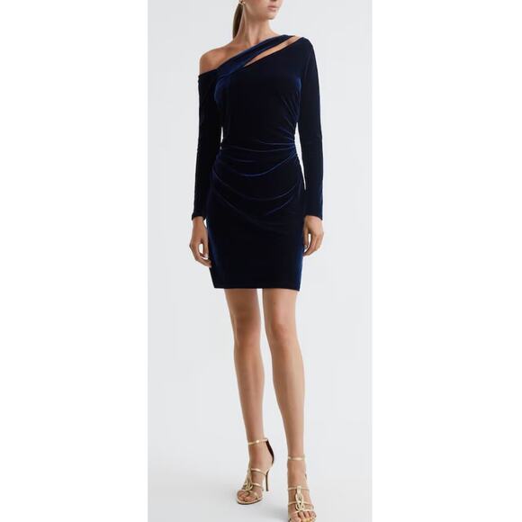 REISS Camilla Blue Velvet Off the Shoulder Mini Dress Size 6 NEW - Picture 1 of 11